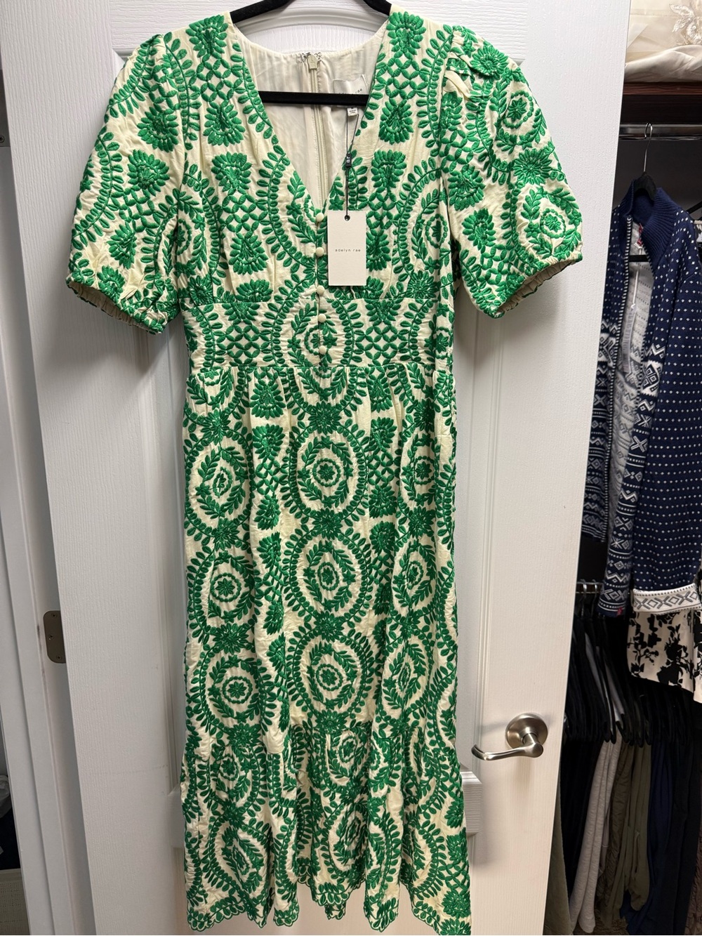 Adelyn Rae Cream Maxi Dress with Green Embroidery